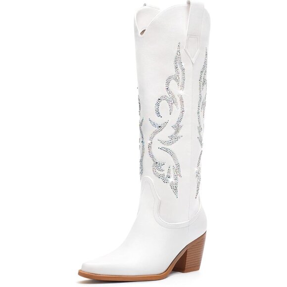 Women White & Rhinestone Polyurethane Side Zipper Knee High Retro Western Boot - Picture 1 of 7